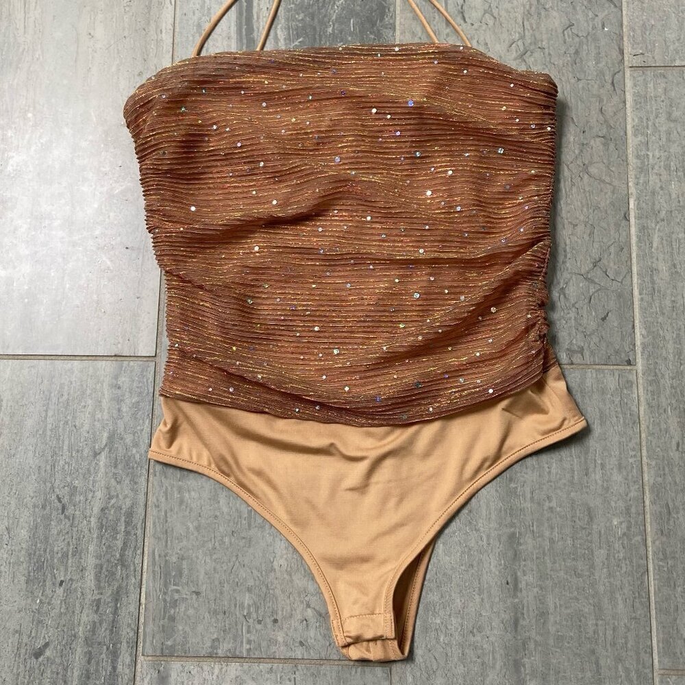 Sleeveless Sparkle Ruched Bodysuit in Copper Tan